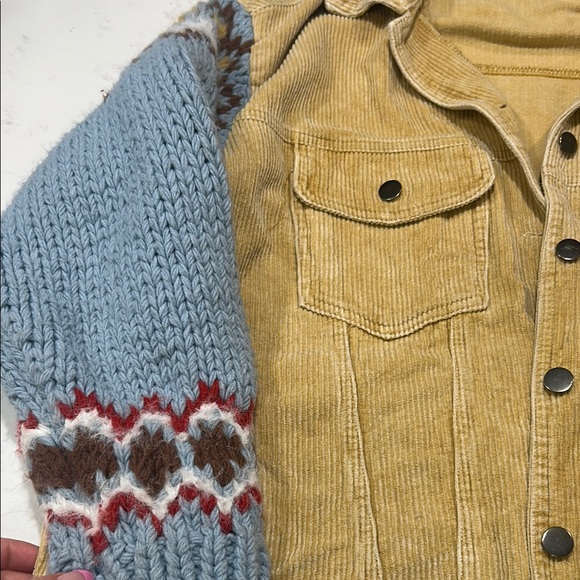 Tan Corduroy Jacket with Blue Knit Sleeves - Picture 3 of 5